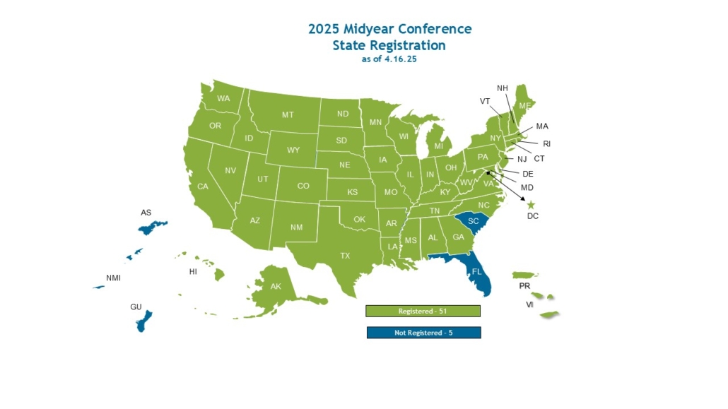 Map showing 51 states/territories registered and 5 unregistered