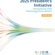 Cover of the 2025 President’s Initiative publication, Demystifying State Technology Procurement depicting colorful lines converging together